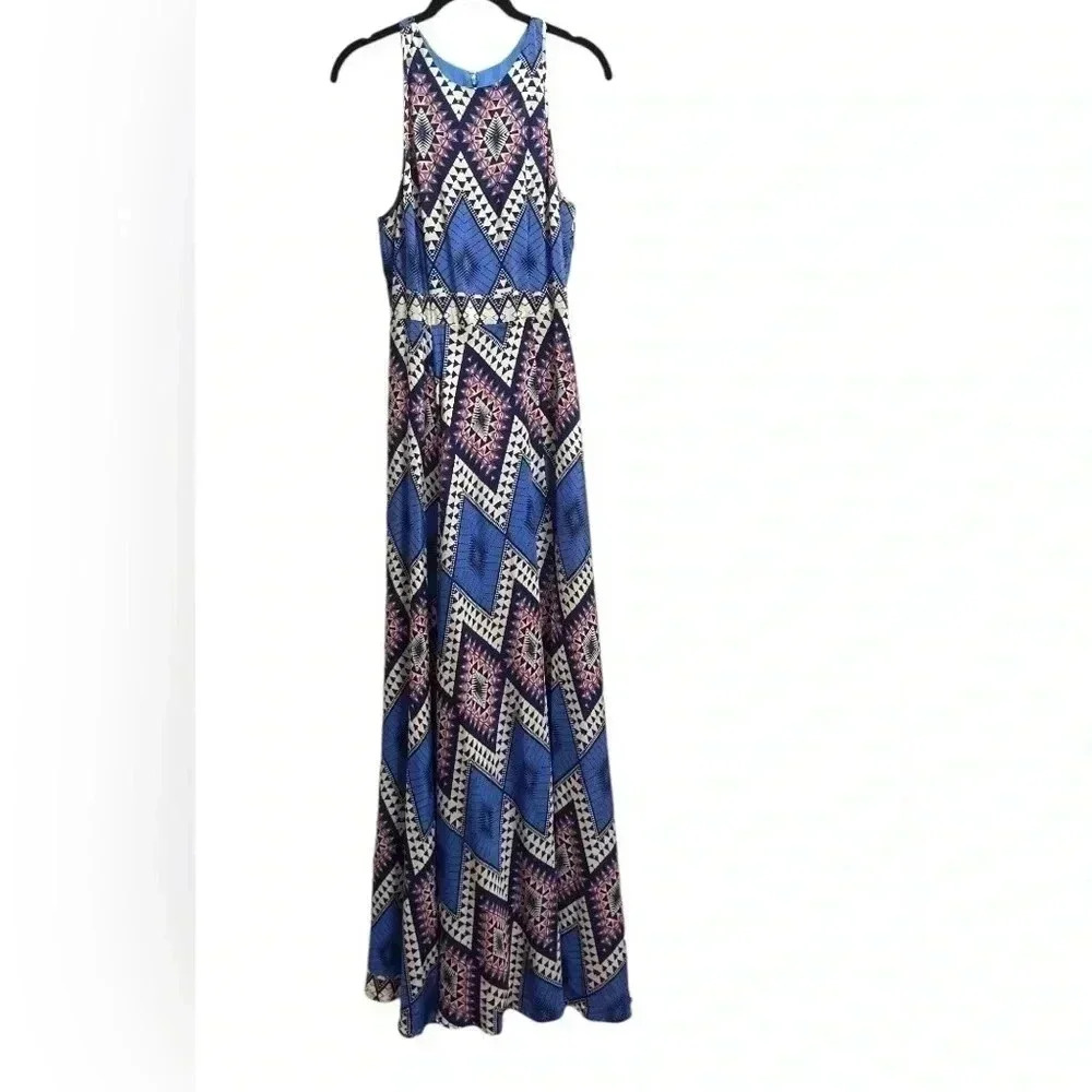 Yumi Kim Dream Maxi Silk Long Dress Gown High Neck Abstract Print Flowy Skirt M​